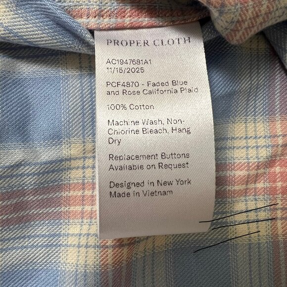 $165 Proper Cloth California Plaid Shirt XL Blue Rose Faded Cotton Long Sleeve - Picture 8 of 8